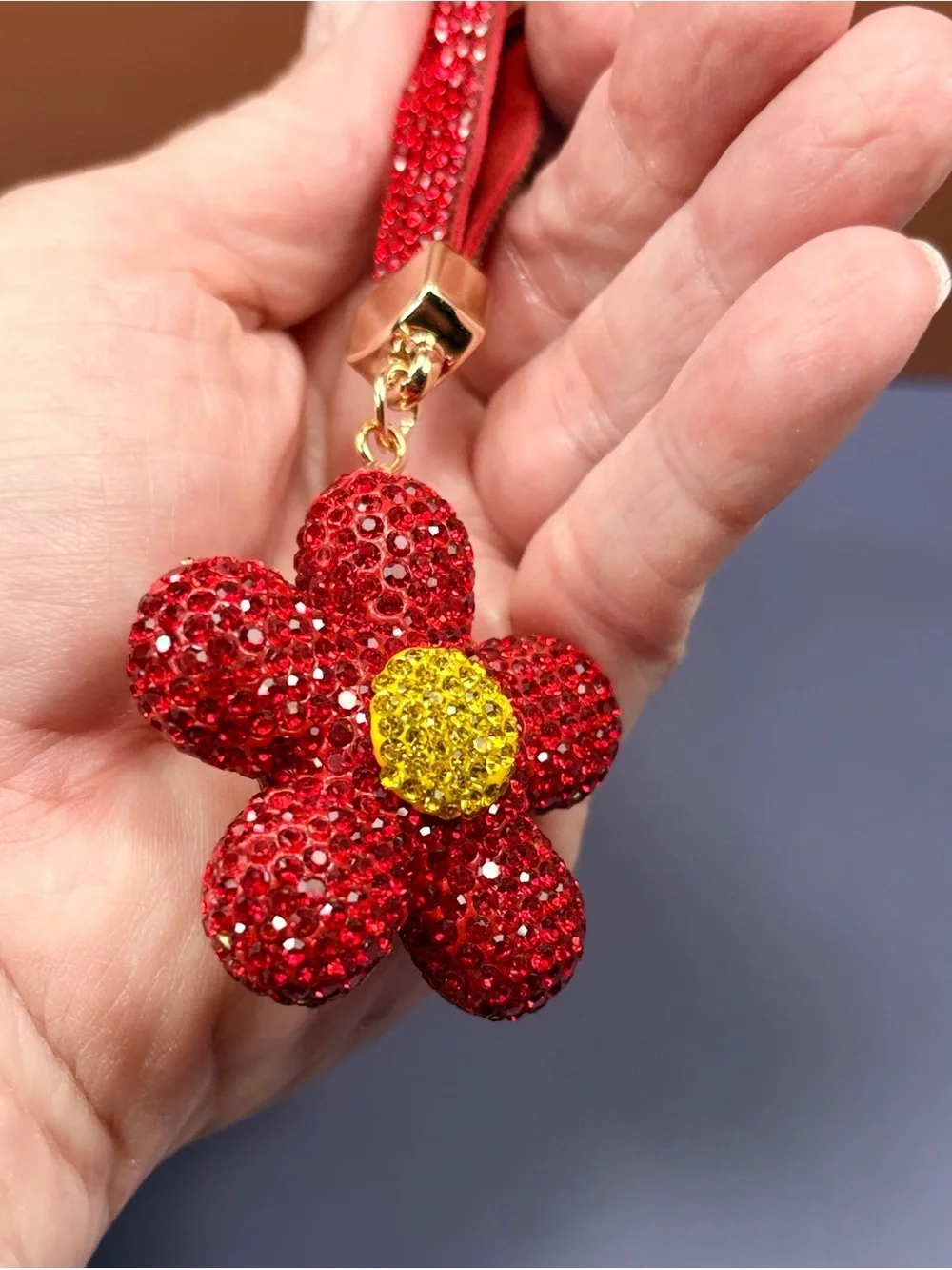 Dazzling Red Crystal Flower Keyring with Gold Ring